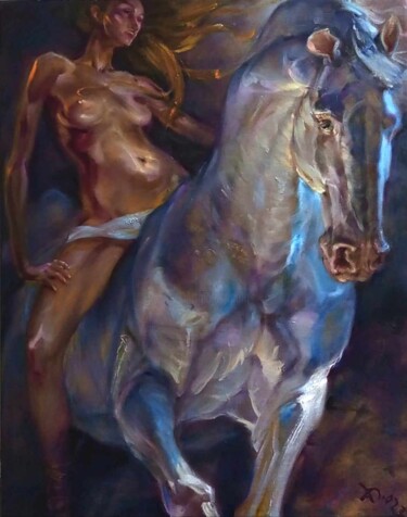 Painting titled "Night with the whit…" by Rumen Dimitrov, Original Artwork, Oil