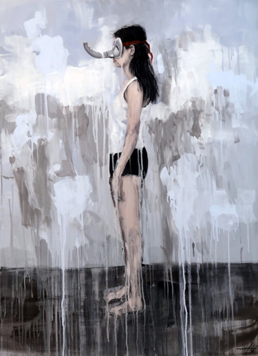 Картина под названием "girl in elephant ma…" - Rupert Cefai, Подлинное произведение искусства, Масло