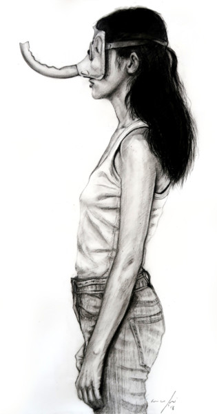 Drawing titled "Girl in elephant Ma…" by Rupert Cefai, Original Artwork, Charcoal