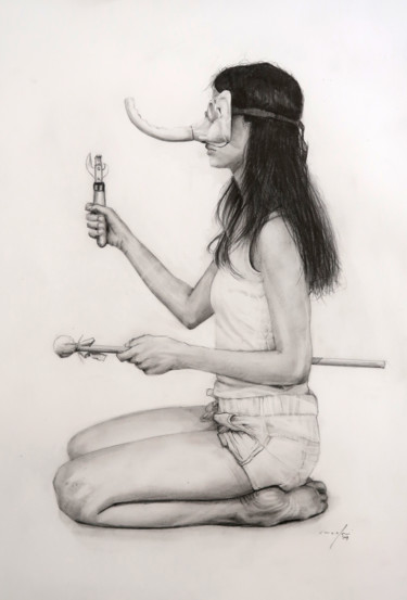 Drawing titled "Girl in elephant ma…" by Rupert Cefai, Original Artwork, Pencil
