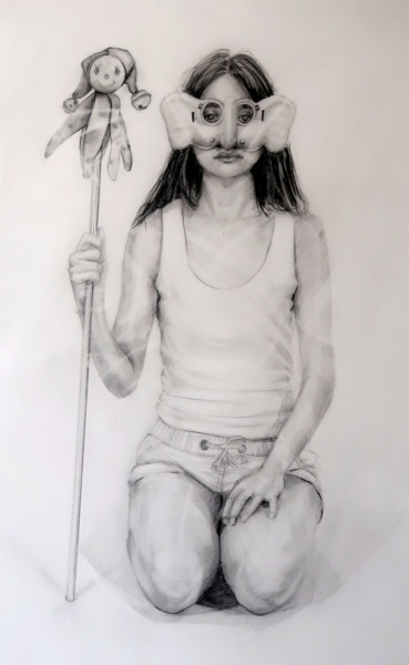 Drawing titled "Girl in elephant ma…" by Rupert Cefai, Original Artwork, Graphite