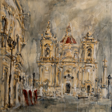 Painting titled "Xagħra Parish church" by Rupert Cefai, Original Artwork, Acrylic Mounted on Wood Stretcher frame