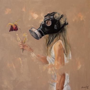 Pittura intitolato "girl in mask and fl…" da Rupert Cefai, Opera d'arte originale, Olio Montato su Telaio per barella in leg…