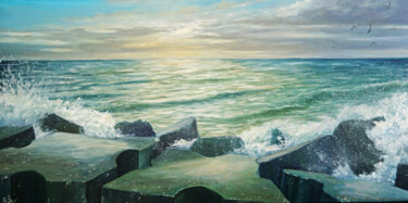 Painting titled "Evening ocean" by Ruslan Bielian, Original Artwork, Oil