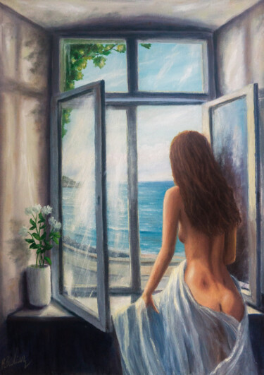 Painting titled "Morning at the sea" by Ruslan Bielian, Original Artwork, Oil Mounted on Wood Stretcher frame