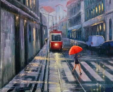 Painting titled "Lisbon" by Ruslan Bielian, Original Artwork, Oil Mounted on Wood Stretcher frame