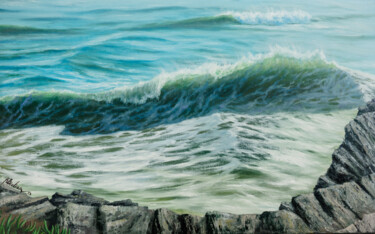 Painting titled "Wave and rock" by Ruslan Bielian, Original Artwork, Oil Mounted on Wood Stretcher frame