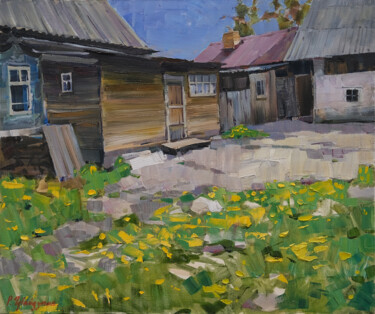 Painting titled ""Village Yard"" by Ruslan Gubaydullin, Original Artwork, Oil Mounted on Wood Stretcher frame