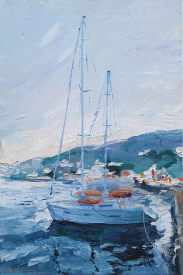 Painting titled ""Evening boats"" by Ruslan Gubaydullin, Original Artwork, Oil Mounted on Wood Stretcher frame