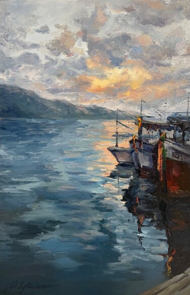 Painting titled ""Thai boats at suns…" by Ruslan Gubaydullin, Original Artwork, Oil Mounted on Wood Stretcher frame