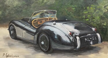 Painting titled "Jaguar XK120" by Ruslan Gubaydullin, Original Artwork, Oil Mounted on Wood Stretcher frame