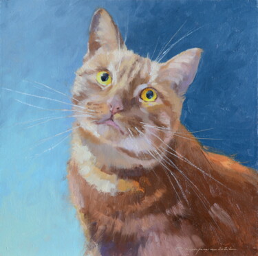 Картина под названием "Внимательный кот" - Ruslan Kiprych, Подлинное произведение искусства, Масло