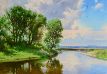 Painting titled "Пейзаж с птицами" by Ruslan Kiprych, Original Artwork, Oil
