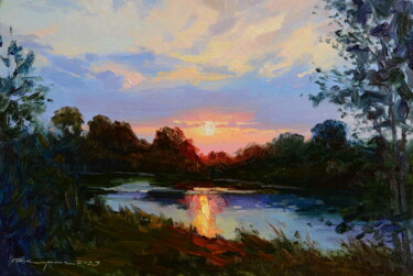 Картина под названием "Закат над рекой" - Ruslan Kiprych, Подлинное произведение искусства, Масло
