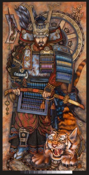 Картина под названием "Самурай и тигр" - Наталья Витязь, Подлинное произведение искусства, Акварель