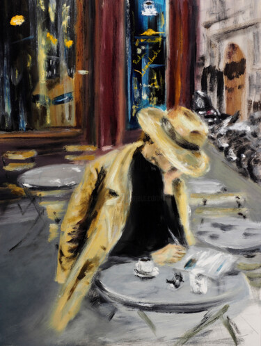 Картина под названием "Woman at a Paris Ca…" - Ruslana Levandovska, Подлинное произведение искусства, Масло