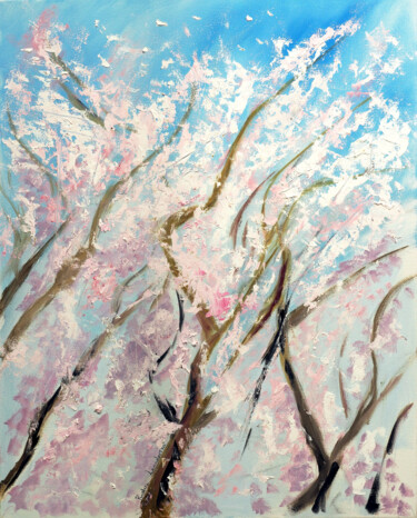 Painting titled "Cherry Blossoms" by Ruslana Levandovska, Original Artwork, Oil Mounted on Wood Stretcher frame