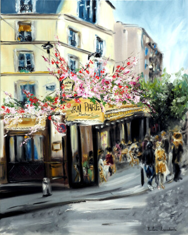 Painting titled "Le Vrai Paris Cafe,…" by Ruslana Levandovska, Original Artwork, Oil Mounted on Wood Stretcher frame