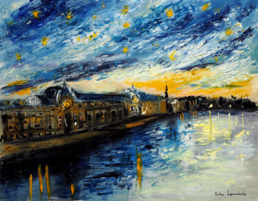 Painting titled "Starry Night over P…" by Ruslana Levandovska, Original Artwork, Oil Mounted on Wood Stretcher frame