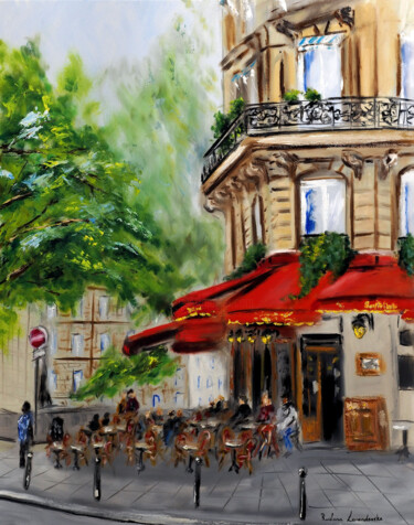 Painting titled "Paris Corner Cafe -…" by Ruslana Levandovska, Original Artwork, Oil Mounted on Wood Stretcher frame