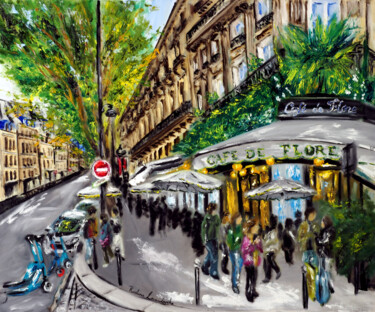 Schilderij getiteld "Cafe de Flore, Paris" door Ruslana Levandovska, Origineel Kunstwerk, Olie Gemonteerd op Frame voor hout…