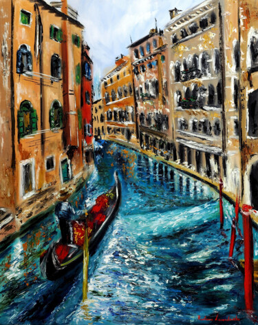 Painting titled "Gondola in Venice,…" by Ruslana Levandovska, Original Artwork, Oil Mounted on Wood Stretcher frame