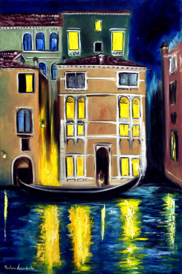 Painting titled "Night in Venice, It…" by Ruslana Levandovska, Original Artwork, Oil Mounted on Wood Stretcher frame