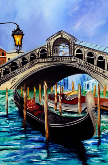 Painting titled "Gondolas at the Ria…" by Ruslana Levandovska, Original Artwork, Oil Mounted on Wood Stretcher frame