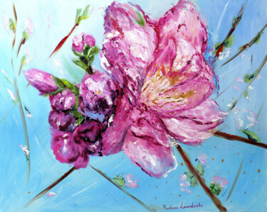 Painting titled "Pink Cherry Blossom…" by Ruslana Levandovska, Original Artwork, Oil Mounted on Wood Stretcher frame