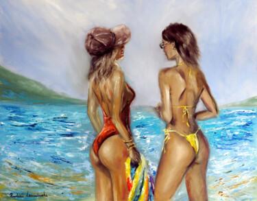 Painting titled "At the Beach" by Ruslana Levandovska, Original Artwork, Oil Mounted on Wood Stretcher frame