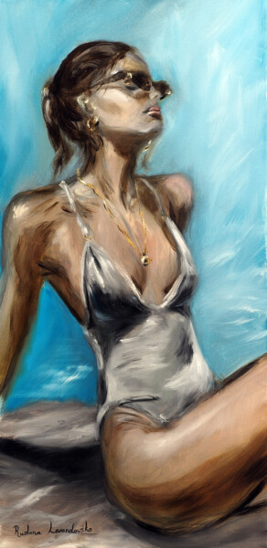 Painting titled "By the Pool" by Ruslana Levandovska, Original Artwork, Oil Mounted on Wood Stretcher frame