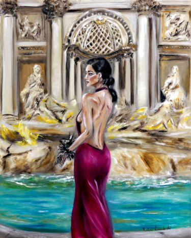 Painting titled "At the Trevi Founta…" by Ruslana Levandovska, Original Artwork, Oil Mounted on Wood Stretcher frame