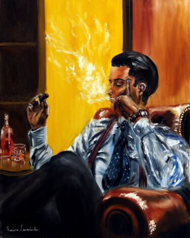 Painting titled "Gentleman with a Ci…" by Ruslana Levandovska, Original Artwork, Oil Mounted on Wood Stretcher frame