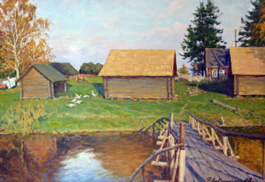 Painting titled "Банька на берегу" by Ruslan L. Lavrinenko, Original Artwork, Oil