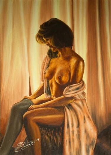 Pittura intitolato "Donna con tenda 1979" da Michele Russolillo, Opera d'arte originale, Olio