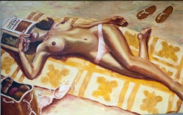 Painting titled "Donna in spiaggia 1…" by Michele Russolillo, Original Artwork, Oil