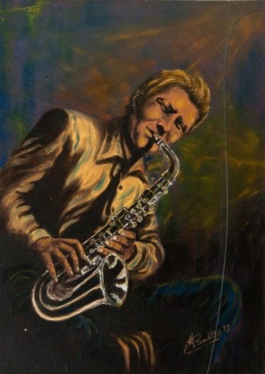 Painting titled "Suonatore di saxofo…" by Michele Russolillo, Original Artwork