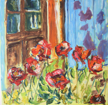 Painting titled "Poppies at the Door" by Russell Bradley, Original Artwork, Oil Mounted on Wood Stretcher frame