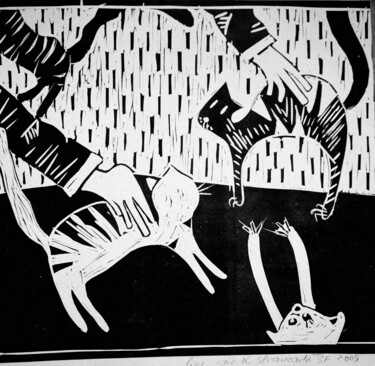 Druckgrafik mit dem Titel "leisure time, funny…" von Ruta Ba, Original-Kunstwerk, Linoldrucke