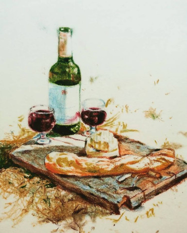 Disegno intitolato "Wine, cheese" da Rutujartist, Opera d'arte originale, Pastello