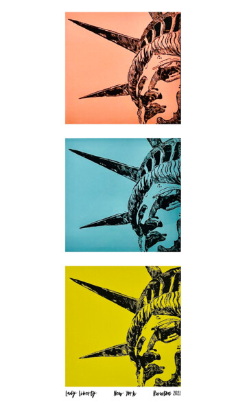 Lady Liberty New York 3 color digital Print from Linocut Arts numériques intitulée "Lady Liberty New Yo…" par Ruuton, Œuvre d'art originale, Impression numérique