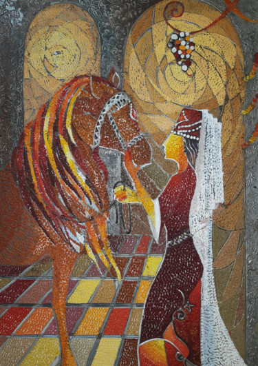 Painting titled "Girl with horse (70…" by Ruzanna Melqumyan, Original Artwork, Oil Mounted on Wood Stretcher frame