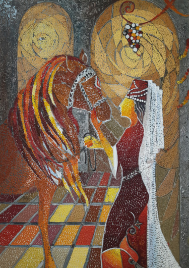 Pintura intitulada "Girl with horse (70…" por Ruzanna Melqumyan, Obras de arte originais, Óleo Montado em Armação em madeira