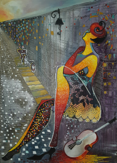 Peinture intitulée "The street musician…" par Ruzanna Melqumyan, Œuvre d'art originale, Huile Monté sur Châssis en bois