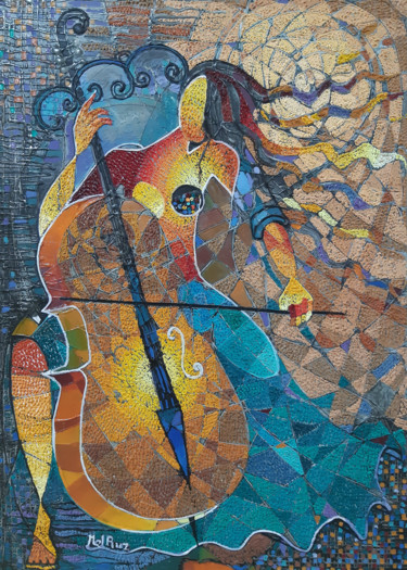 Peinture intitulée "Cellist (70x50cm, o…" par Ruzanna Melqumyan, Œuvre d'art originale, Huile Monté sur Châssis en bois