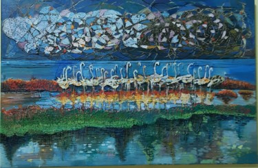 Painting titled "Flamingos (40x60cm,…" by Ruzanna Melqumyan, Original Artwork, Oil Mounted on Wood Stretcher frame