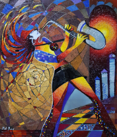 Painting titled "Saxophonist (70x80c…" by Ruzanna Melqumyan, Original Artwork, Oil Mounted on Wood Stretcher frame