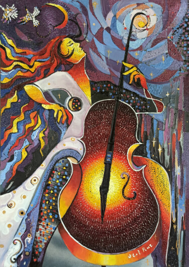 Painting titled "Cellist" by Ruzanna Melqumyan, Original Artwork, Oil Mounted on Wood Stretcher frame