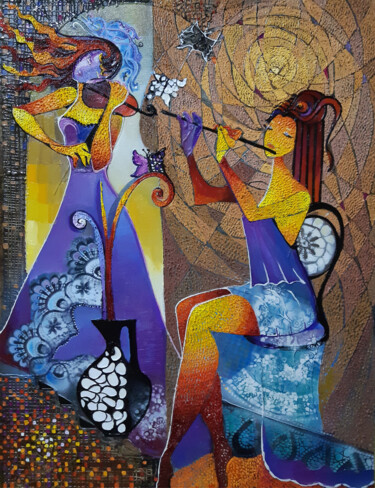 Painting titled "Duet" by Ruzanna Melqumyan, Original Artwork, Oil Mounted on Wood Stretcher frame