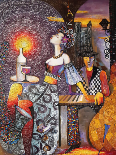 Painting titled "Evening Serenade at…" by Ruzanna Melqumyan, Original Artwork, Oil Mounted on Wood Stretcher frame